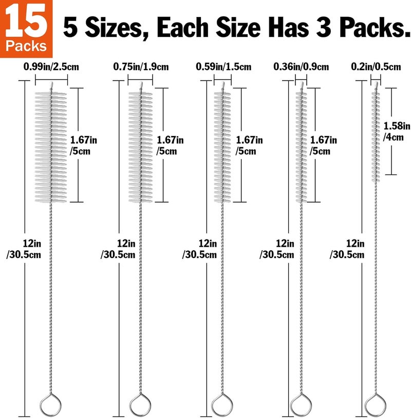 AZEN 15 Pack Straw Cleaner Brush Set, 12 inch Extra Long, 5 Different Diameters Reusable Cleaning Brush for Sippy Cup, Water Bottle and Tubes - Image 2